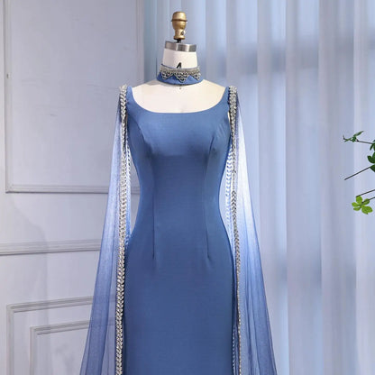Luxury Blue Mermaid Beaded Evening Dress with Cape Sleeves LA72086