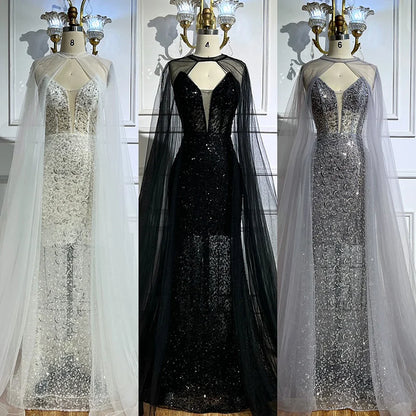 Luxury White Sequin Mermaid Evening Dress with Cape LA72996