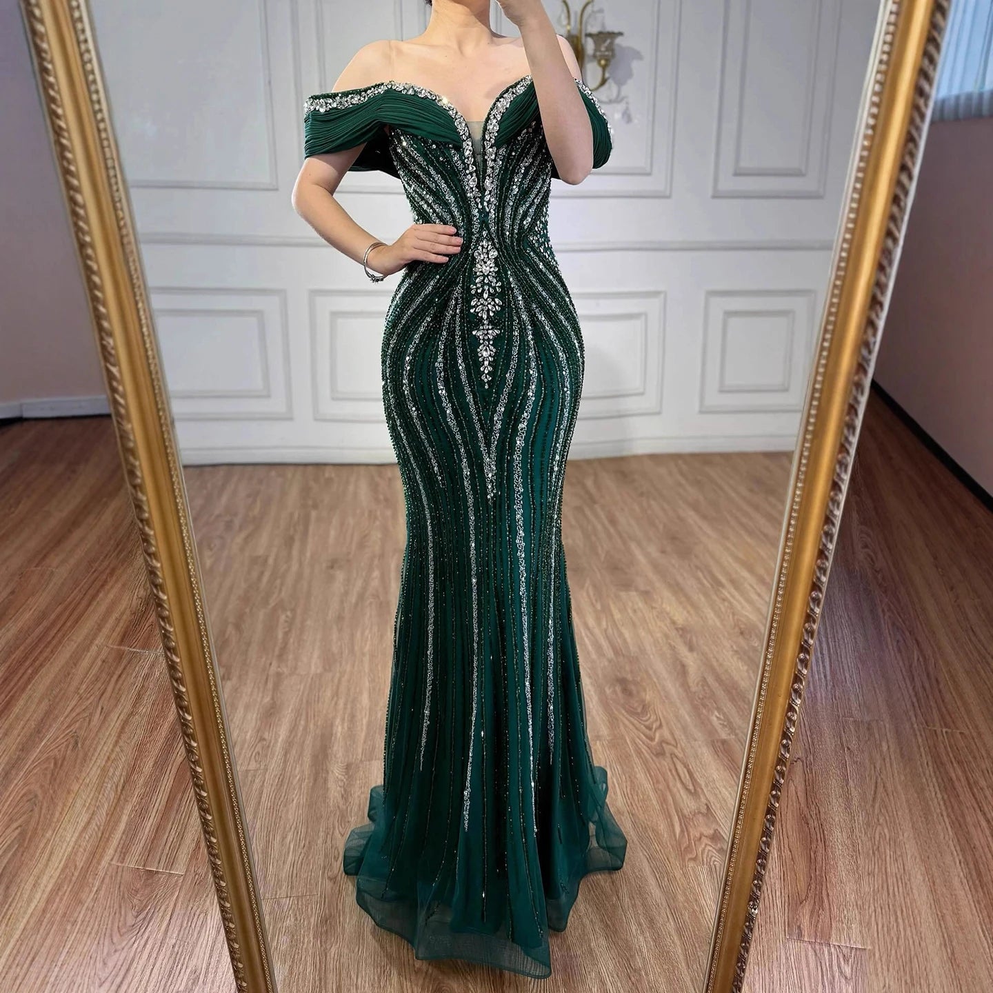 Luxury Gold Crystal Beaded Mermaid Evening Dress LA73142