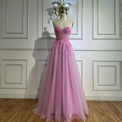 Luxury A-line Sweep Train Tulle Prom Dress with Appliqued LA72972