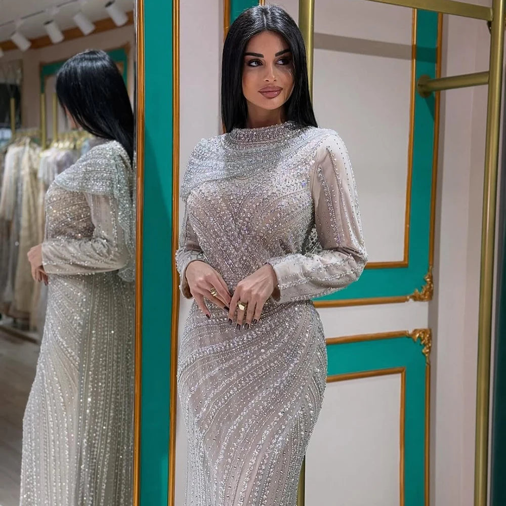 Luxury Muslim Silver Nude Beaded Sparkle long sleeve Evening Dress LA70752H