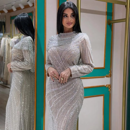 Luxury Muslim Silver Nude Beaded Sparkle long sleeve Evening Dress LA70752H