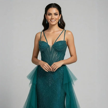 Luxury Green Beaded Mermaid Evening Dresses with Skirt LA73455