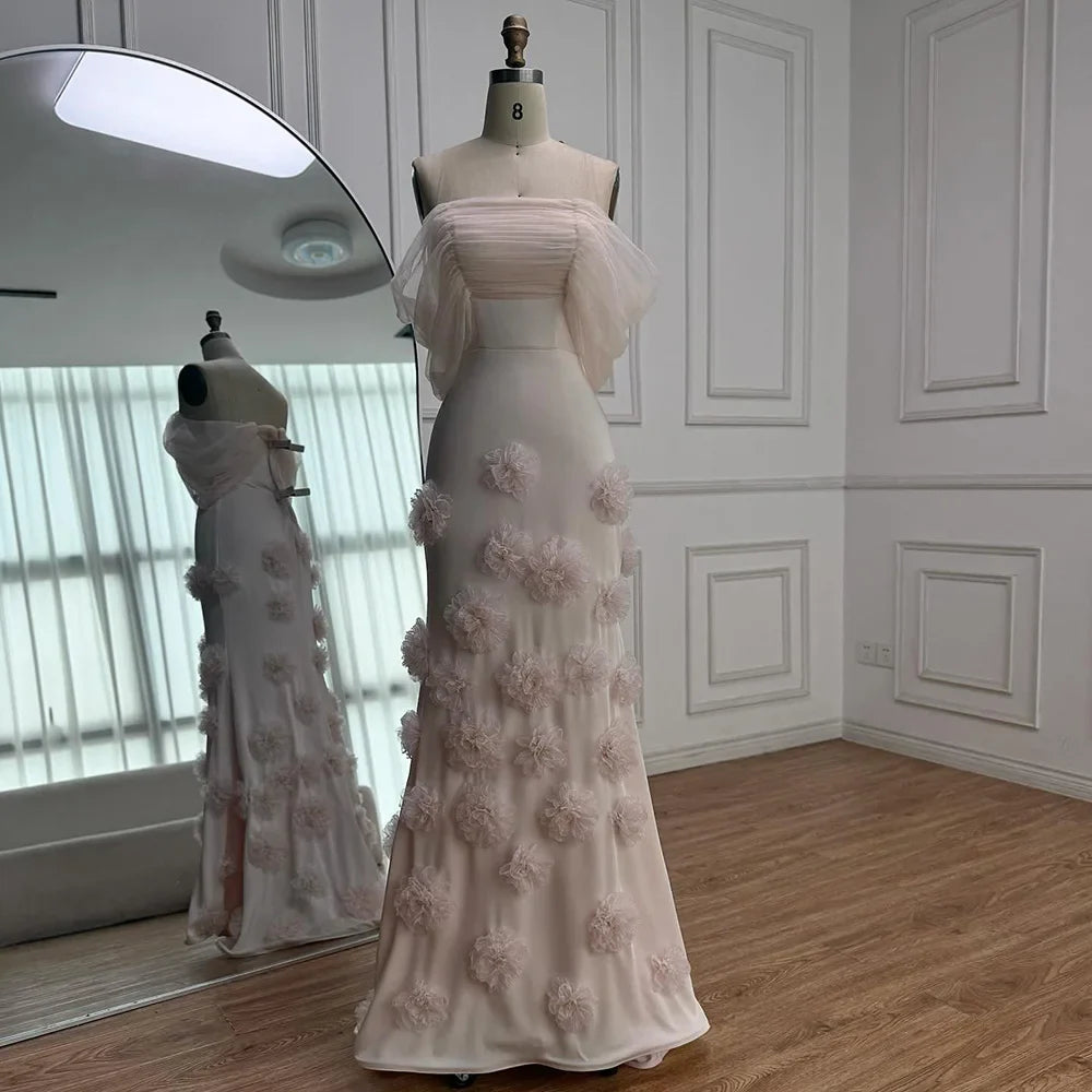Elegant pink 3D flower off-shoulder evening dress LA72943