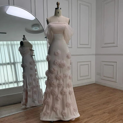 Elegant pink 3D flower off-shoulder evening dress LA72943