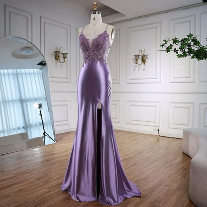Luxury Purple Satin Prom Dress with Slit and Lace Appliques LA73040