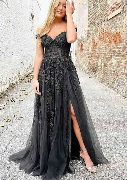 erene Hill  Arabic Lilac A-Line Spaghetti Straps Long Lace Prom Dress with Split LA72692