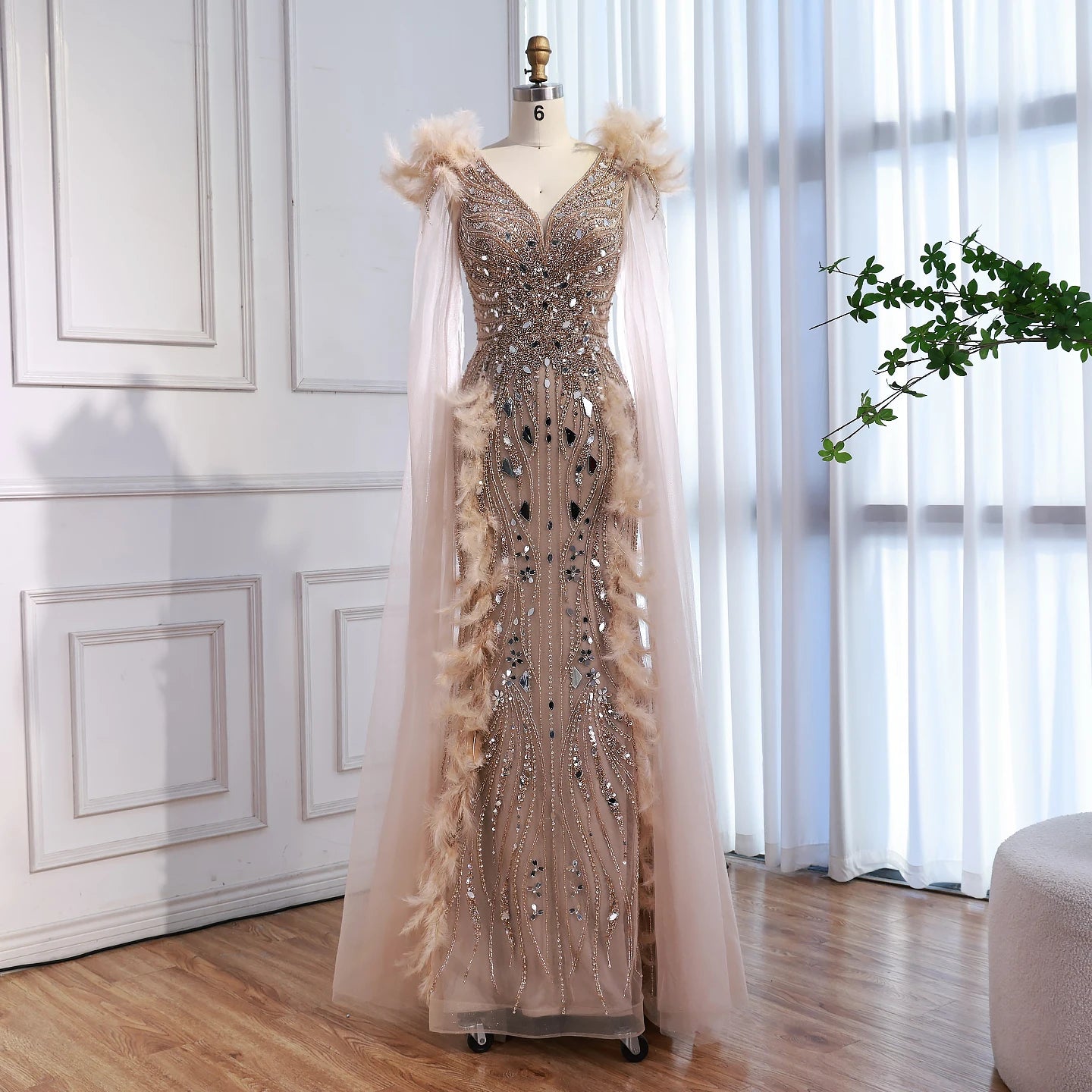 Luxury Caramel Feather Mirror Beaded Mermaid Evening Dress With Cape LA73328