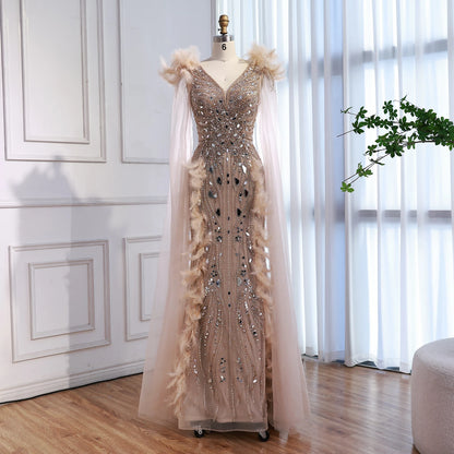 Luxury Caramel Feather Mirror Beaded Mermaid Evening Dress With Cape LA73328