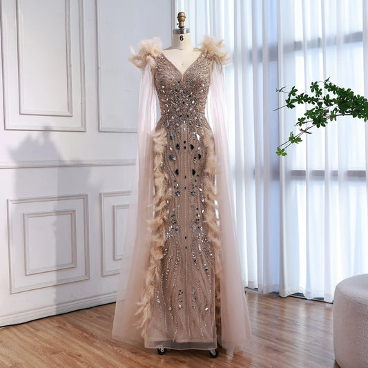 Luxury Caramel Feather Mirror Beaded Mermaid Evening Dress With Cape LA73328