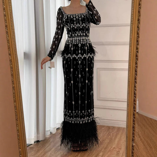Muslim Luxury Feather Ankle Evening Dress with Long Sleeves LA71722