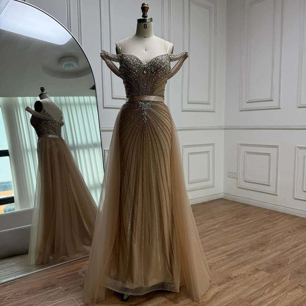 Luxury Nude Arabic Crystal Beaded Mermaid Off Shoulder Evening Dress LA73128