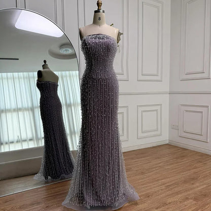 Elegant Crystal Beaded Strapless Lilac Mermaid Evening Gown LA72950