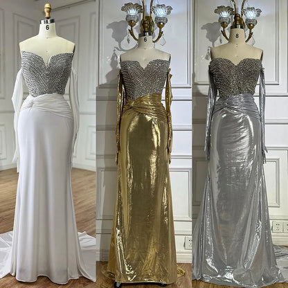 Luxury Dubai  Elegant White Arabic Evening Gown with Crystal Beaded Dress and Gloves for Formal Occasion LA72758