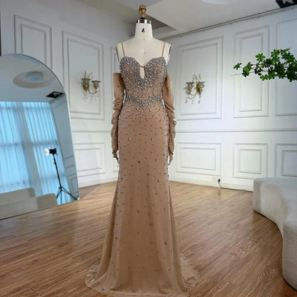 Luxury Nude Beaded Dress with Detachable Sleeves LA73065