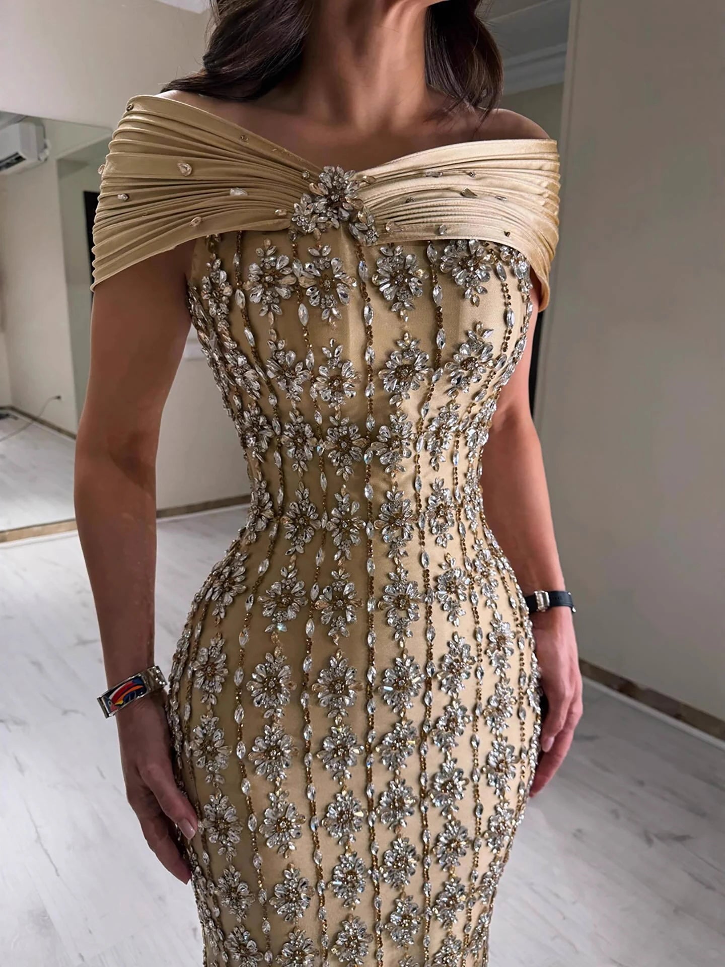 Luxury Gold Arabic Ruffles Evening Dress LA73362
