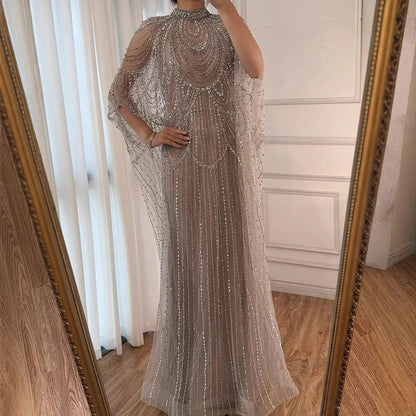 Luxury Silver Nude Beaded Mermaid Evening Dress with Cape LA72484A
