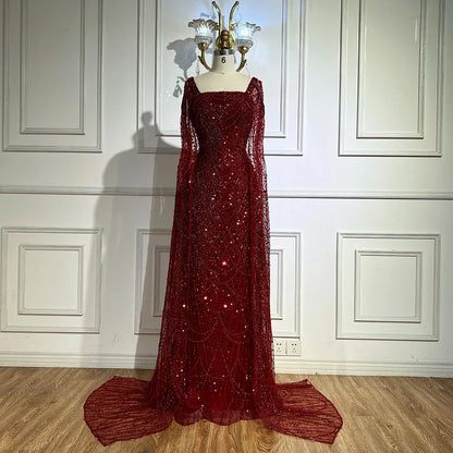 Luxury Turquoise Beaded Pearl Arabic Evening Dress with Cape Sleeves LA72590