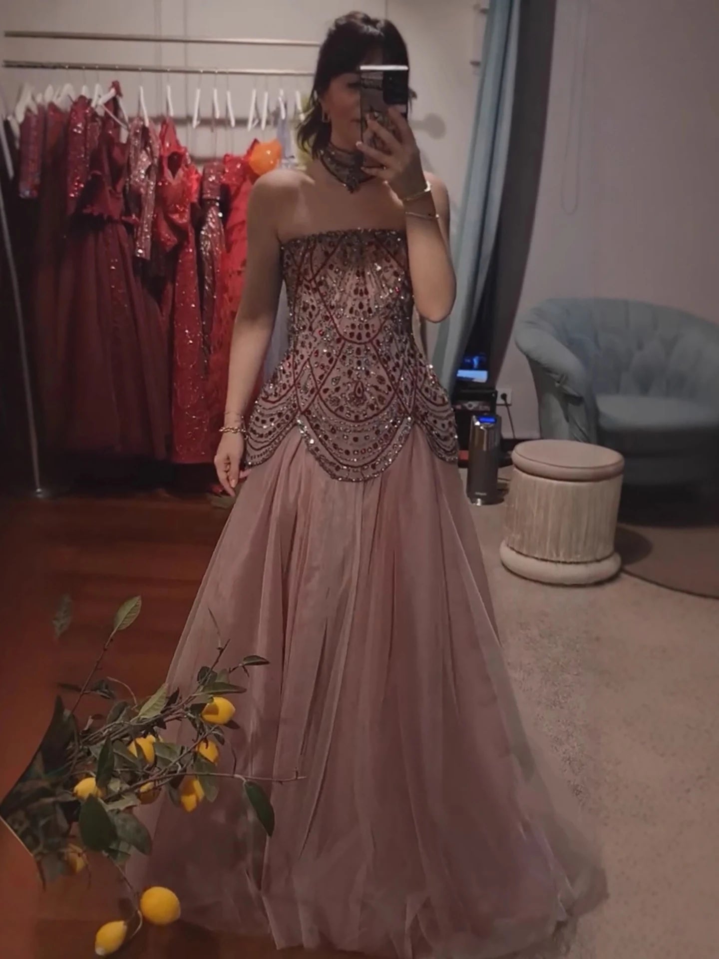 Luxury Wine Red Arabic Beaded A-Line Evening Dress LA73377