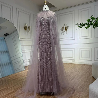 Luxury Pink Beaded Cape Sleeve Arabic Evening Dress LA73134