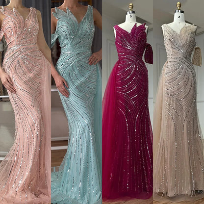 Luxury Dubai  Arabic Pink Mermaid Elegant One Shoulder Beaded Long Evening Dresses Gowns for Formal Occasion LA72662A