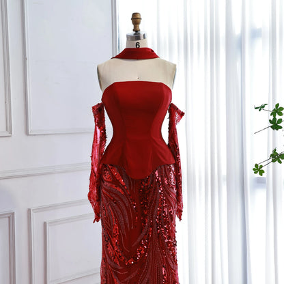 Luxuriöses weinrotes Meerjungfrauen-Abendkleid mit Handschuhen LA73050E