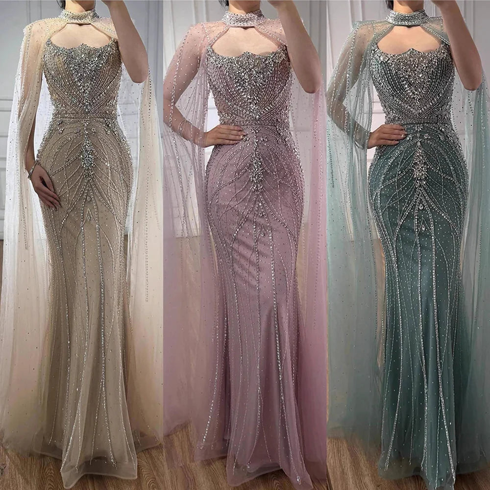 Luxury Dubai Nude Mermaid Evening Dress with Cape Sleeves LA73195