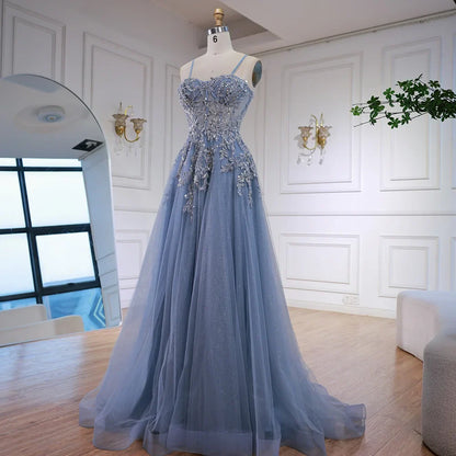 Luxury Gray Tulle A Line Prom Dress with Floral Appliques LA73015