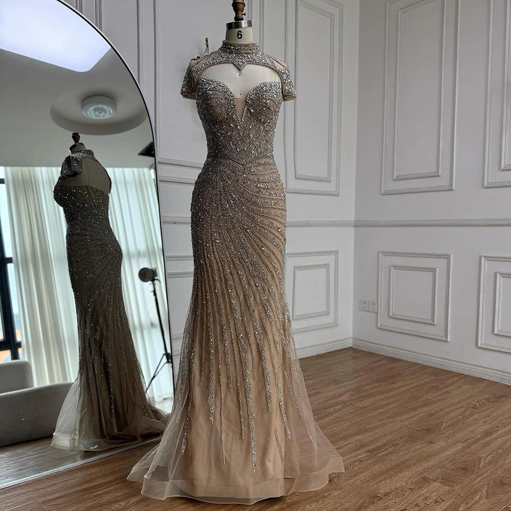 Nude Mermaid Evening Dress with Detachable Beaded High Neck LA73087