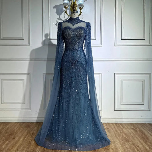 Modest Blue Mermaid Evening Dress with Cape LA73006