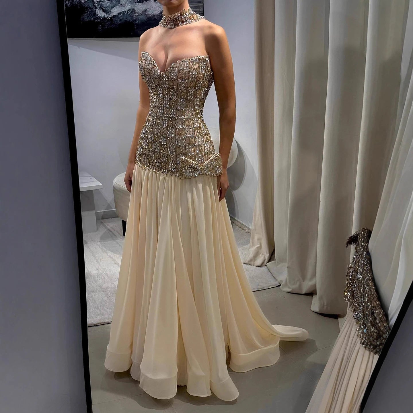 Luxury Champagne A-Line Crystal Beaded Evening Dress LA73361