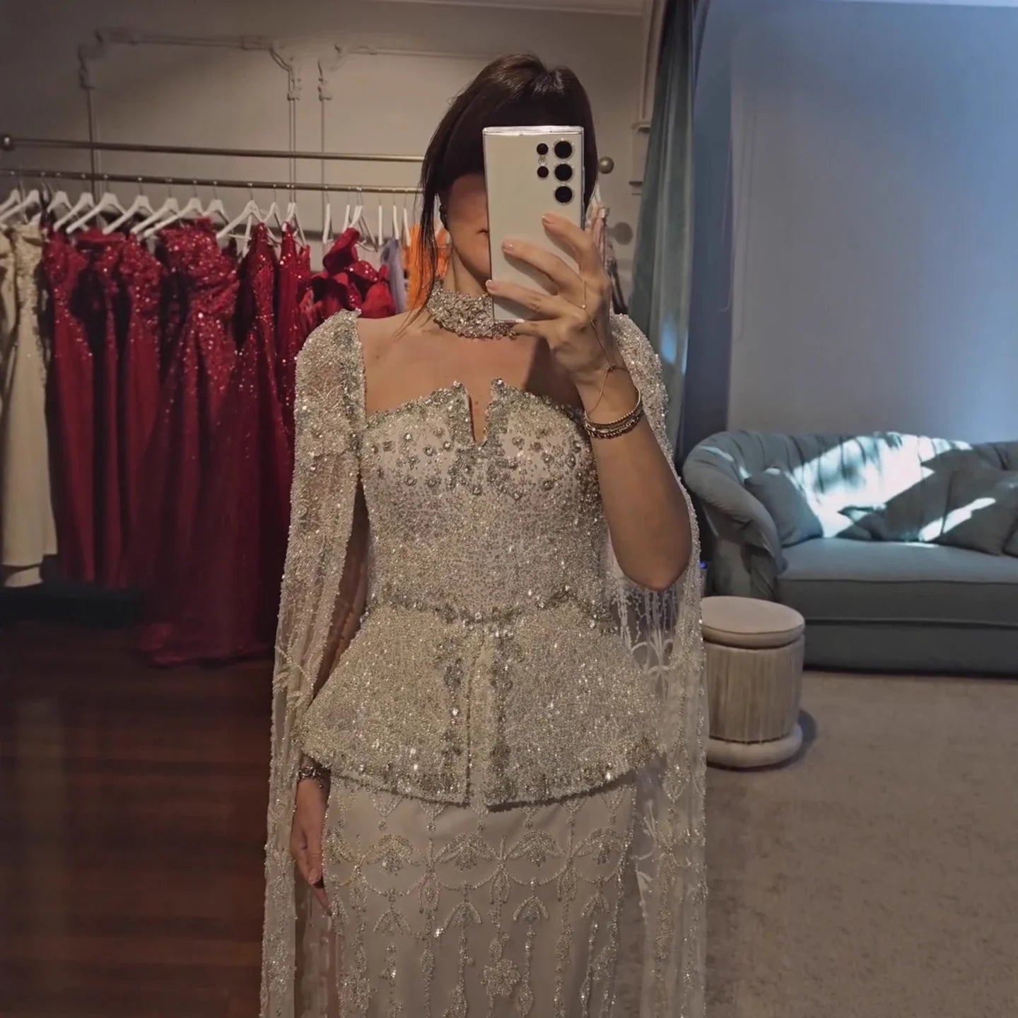 Luxury Silver Dubai Crystal Beaded Evening Dress with Cape LA73274