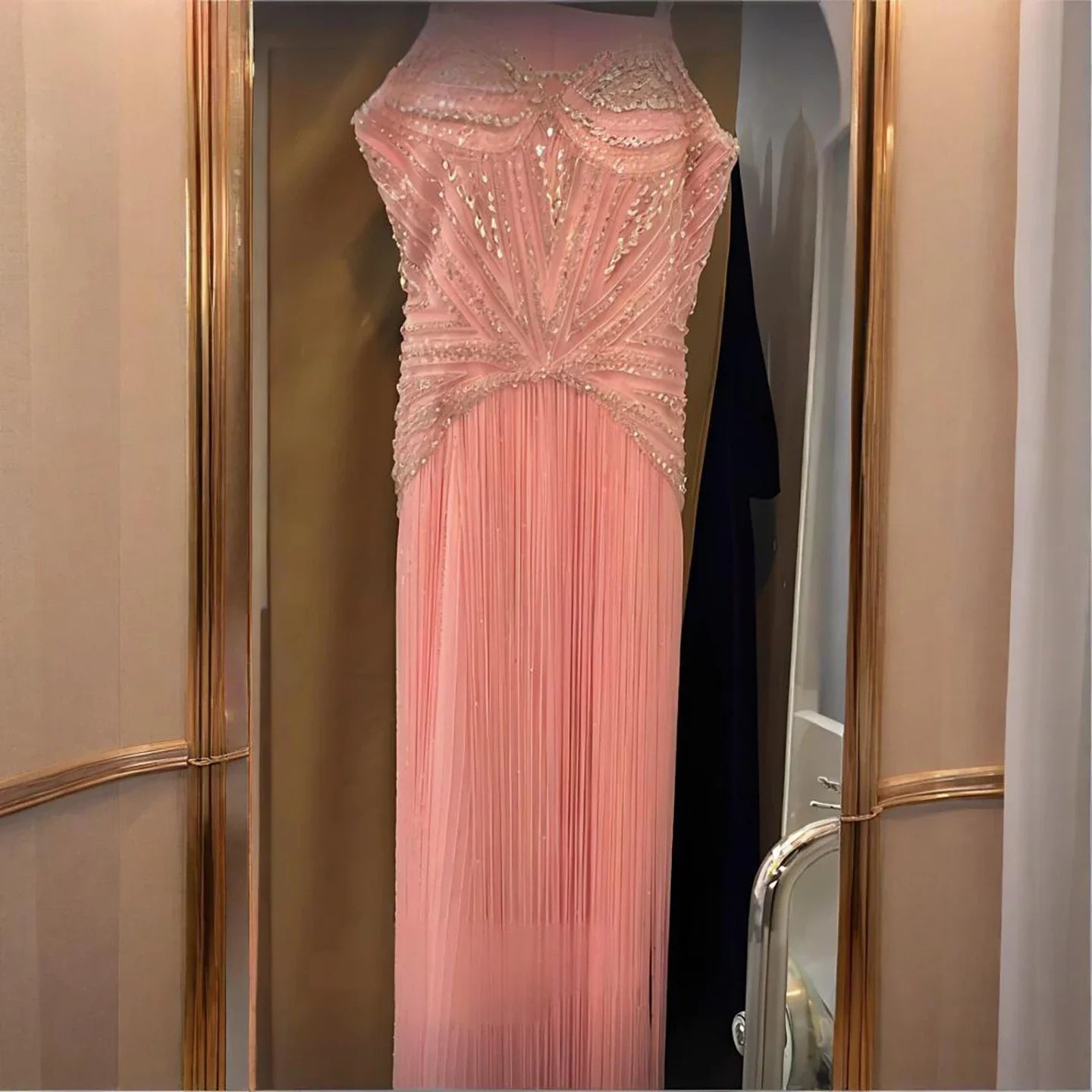 Luxury Crystal Pink Beaded Tassel Evening Dress LA73446
