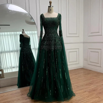 Luxury Green A-LineBeaded  Evening Dress with Cape Sleeves LA73089