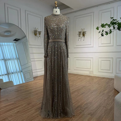 Modest Luxury Caramel Beaded Long Sleeve Evening Dress LA72569A