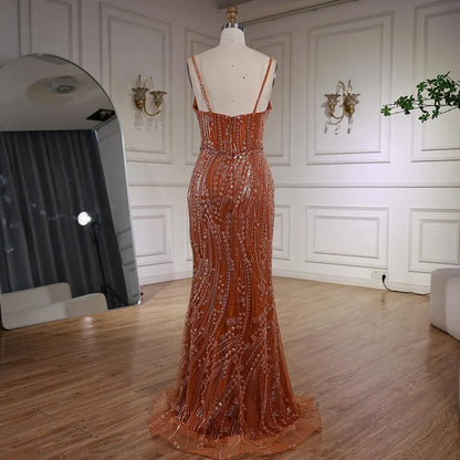 Orange Beaded Evening Dress with Slit Spaghetti Straps LA72542