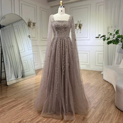 Caramel Beaded A-Line Evening Dress with Cape Sleeves LA71803A