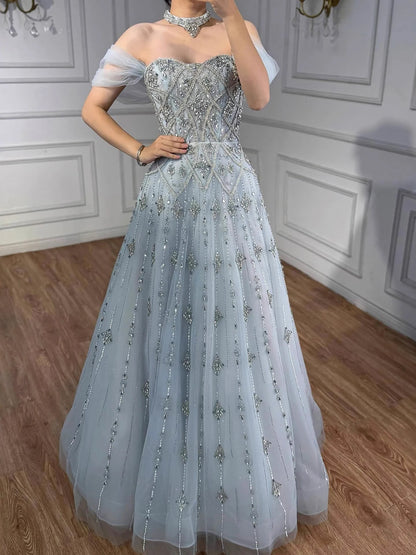 Luxury Gray Blue A-Line Dreamy Beaded Evening Dress With Necklace LA73397