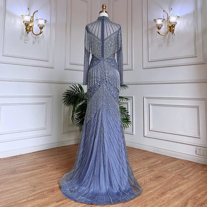 Luxury Blue Beaded Tassel Mermaid Evening Dress Dubai Style LA71986