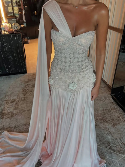 Luxury Pink Arabic Floral Evening Dress With Cape LA73451