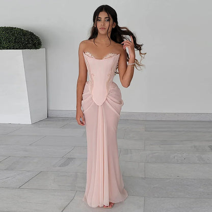Luxury Pink Handmade Chiffon Mermaid Evening Gown Corset LA72946