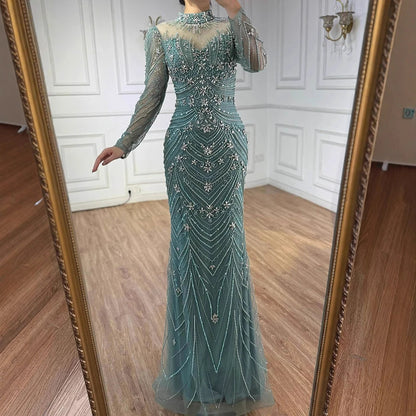 Luxury Pink Beaded Mermaid Evening Dress Long Sleeve LA73158