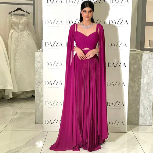 Luxury Fuchsia Chiffon Evening Dress with Cape Sleeves LA73021
