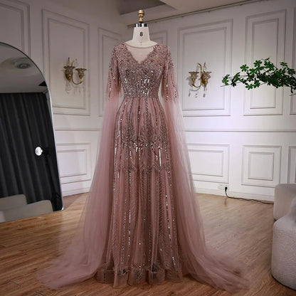 Elegant Beaded A-Line Evening Dress with Cape Sleeves LA73056