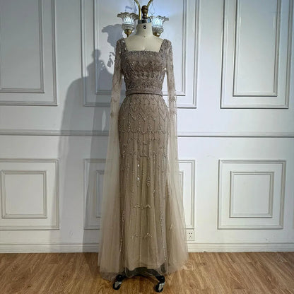 Luxury Arabic Caramel Beaded Evening Dress with Cape Sleeves LA72966A