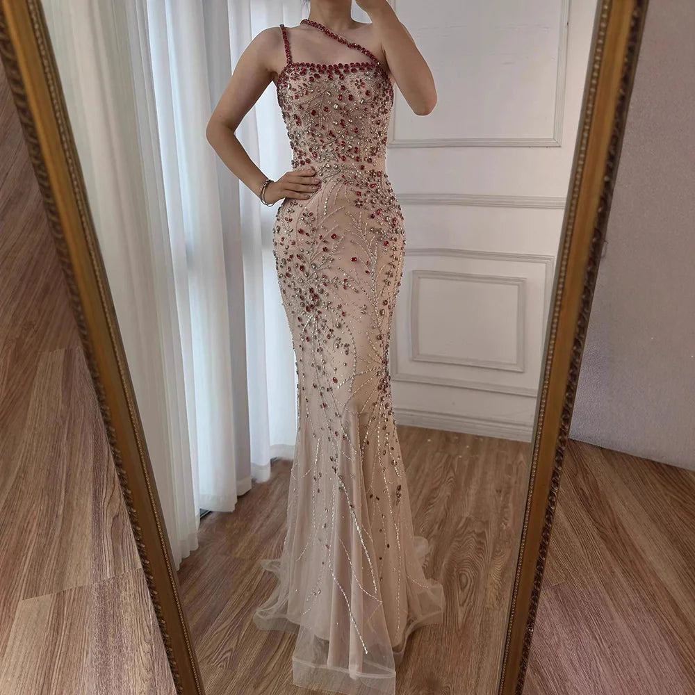 Luxury Red Saudi Arabic Crystal Beaded One Shoulder Evening Dress LA73135