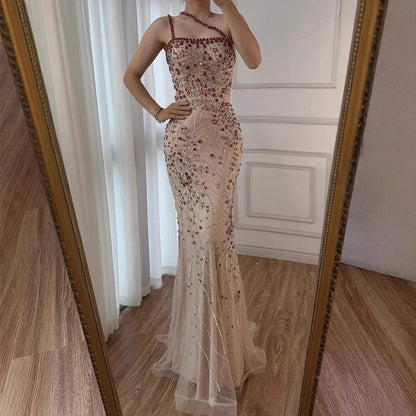 Luxury Red Saudi Arabic Crystal Beaded One Shoulder Evening Dress LA73135