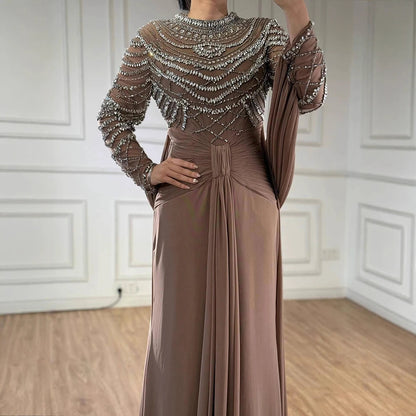 Luxury Designer Modest Brown Stretch Material Mermaid Evening Dress LA72993