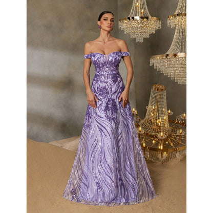 Luxury Lilac Sequin A-Line Evening Dress Off-Shoulder LA73261