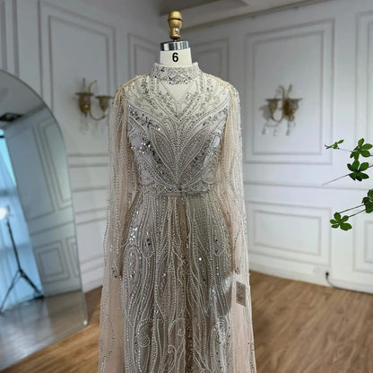 Luxury Sliver Hijab Modest Muslim Beaded Evening Dress LA73215